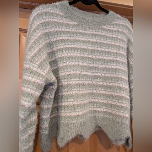 Cozy Striped Sweater in Soft Green and Cream And Gold - Picture 2 of 5